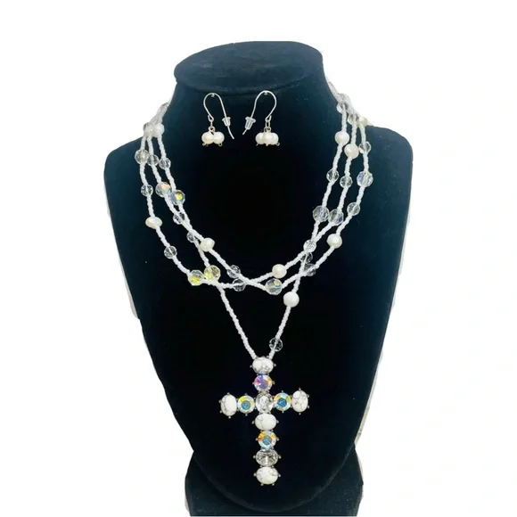 Freshwater Pearl & Swarovski Crystal Tri-Strand Cross Necklace and Earrings